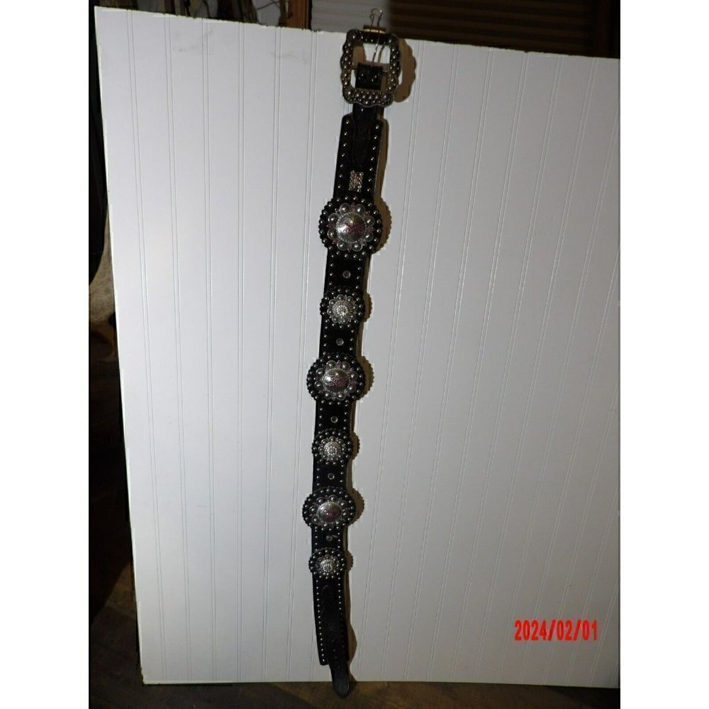 Western Beautiful Black and‎ Silver Leather Concho Belt Cancer Free Ribbon - Picture 6 of 15